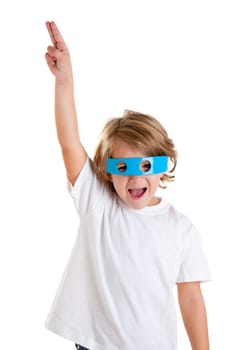 children kid with futuristic funny blue glasses happy on white background