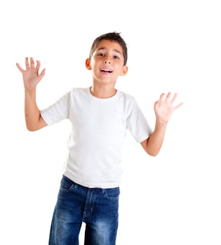 children with funny expression gesture open hand fingers isolated on white