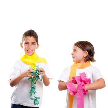 two children kids in a party with messy colorful paper ribbon