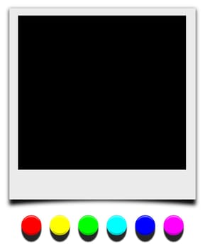 Empty picture frame Polaroid style with color pushpin nail
