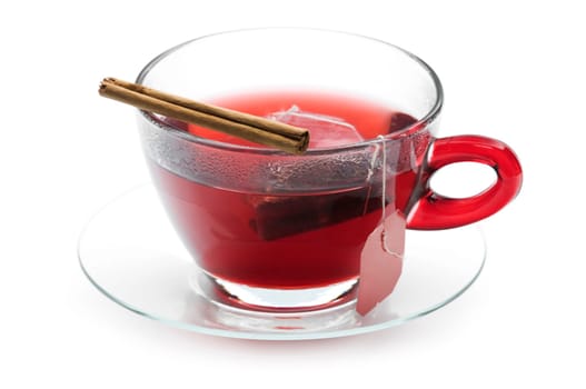Cup of red hot tea isolated on white