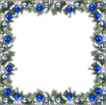 christmas frame made from pine branch and ornaments on white