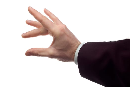 business men holding empty hand close up on white