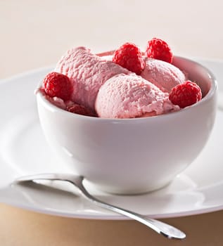 Raspberry ice cream with fruits close up shoot