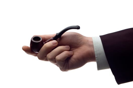 business men holding a pipe on white