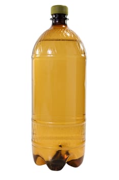 Brown plastic bottle of beer drink without label on a white background