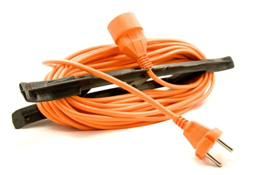 An orange extension cord on a white background