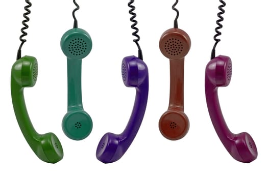 colorful telephone receivers isolated on white background