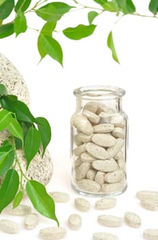 Herbal supplement pills and fresh leaves - alternative medicine still life