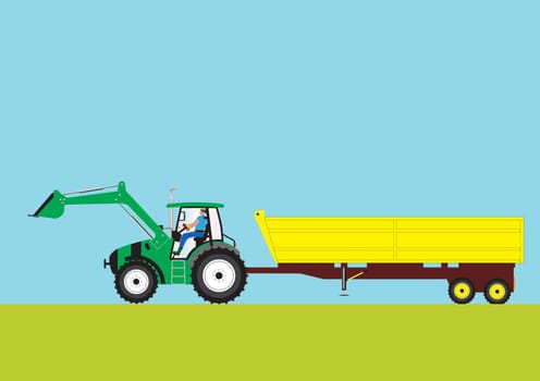 A Green Farm Tractor pulling a large Yellow Trailer