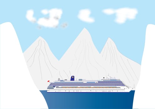 A Blue and White Cruise Liner in a Fjord surrounded by a Snow Landscape