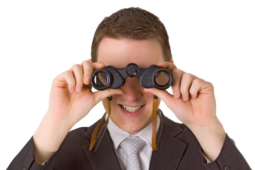 Young businessman with binoculars isolated on white background