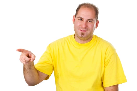 Confident young man with raised index finger - isolated on white background