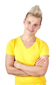 Young man with hands folded on white