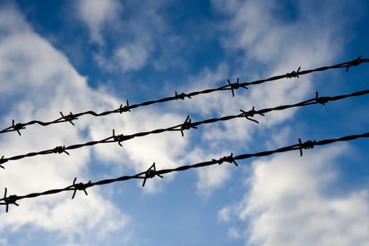 Barbed wire towards blue sky