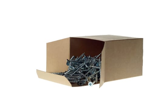 Cardboard Box of screws on white background