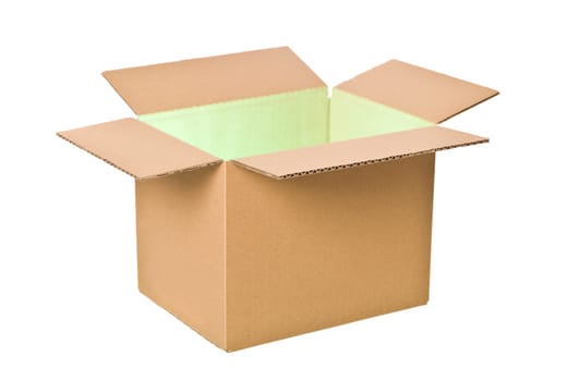 Open Cardboard Box with green light isolated on white background