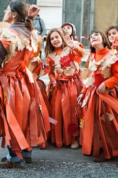 OUREM, PORTUGAL - FEBRUARY 19: unidentified people perform at the Carnival Parade on February 19, 2012 in Ourem, Portugal. The traditional yearly Parede was held during the afternoon.