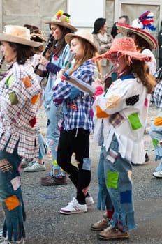 OUREM, PORTUGAL - FEBRUARY 19: unidentified people perform at the Carnival Parade on February 19, 2012 in Ourem, Portugal. The traditional yearly Parede was held during the afternoon.