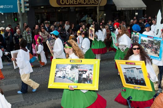 OUREM, PORTUGAL - FEBRUARY 19: unidentified people perform at the Carnival Parade on February 19, 2012 in Ourem, Portugal. The traditional yearly Parede was held during the afternoon.