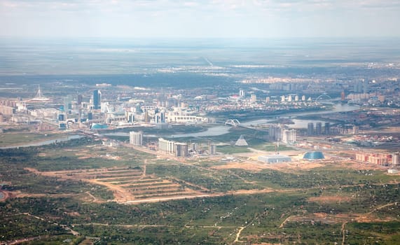 View Astana, capital of Kazakhstan, from the cabin of plane