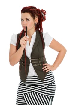 Beautiful young accountant with pen wearing vest and striped skirt isolated on white background
