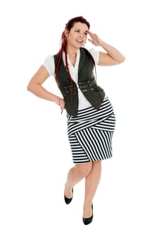 Modern beautiful woman wearing vest and striped skirt isolated on white background