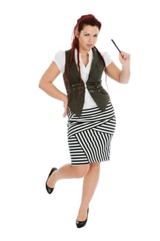 Modern beautiful secretary with pen in striped skirt isolated on white background