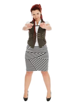 Modern girl with pen in striped skirt isolated on white background