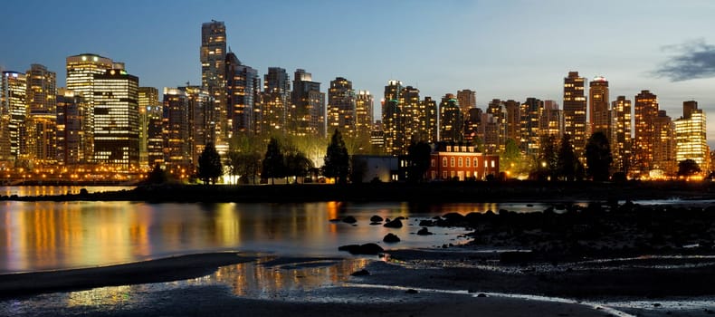 Vancouver BC Canada City Skyline and Deadman&#039 s Island at Night Panorama