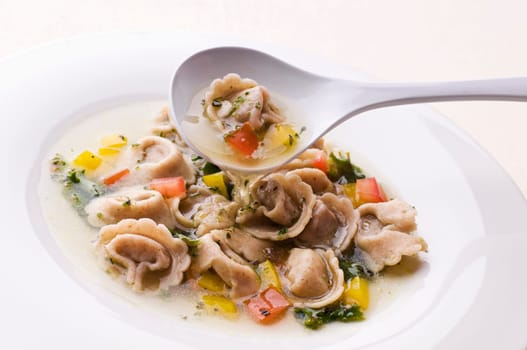 Fresh capeletti soup with vegetables close up
