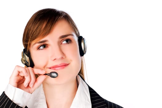 young brunette woman with headset close up