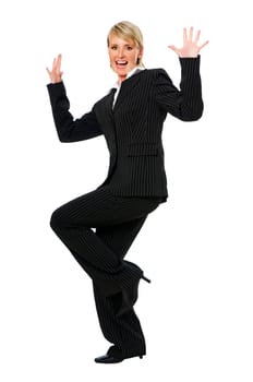 young happy blond business woman, isolated on white