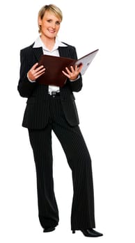 young business woman standing isolated on white