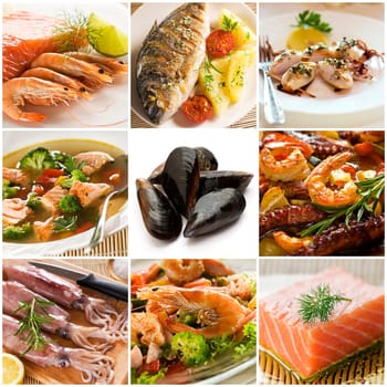 Sea food collage made from nine photographs