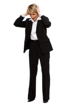 young blond business woman in stress on white