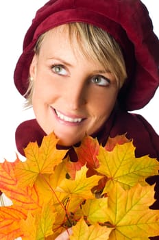 young woman with autumn leaves close up shoot