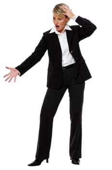 young blond business woman in stress on white