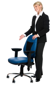 young business woman standing with chair on white