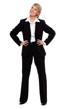 young happy blond business woman looking up, isolated on white