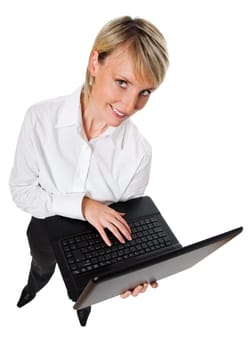 young blond business woman with laptop on white