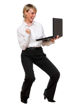young blond business woman with laptop on white