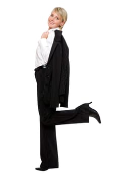 young blond business woman standing on white