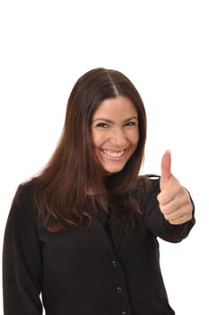 Smiling left-handed woman with thumbs up looking at camera
