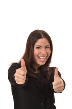 Cheerful pretty woman gives two thumbs up
