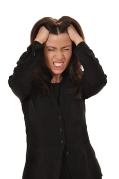 Angry woman tears her hair in anger
