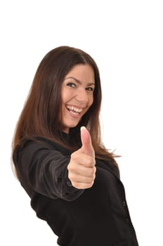 Cheerful pretty woman gives a thumbs up
