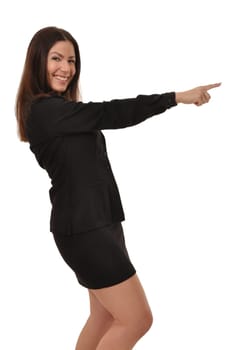 Woman in skirt cheerfully draws attention to a clue