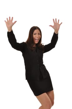 Happy pretty woman throwing up her arms