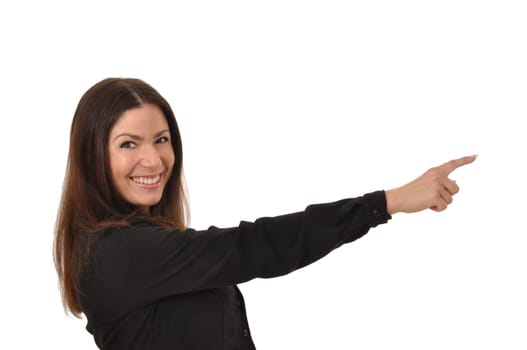 Cheerful woman pointing with a finger at a hint